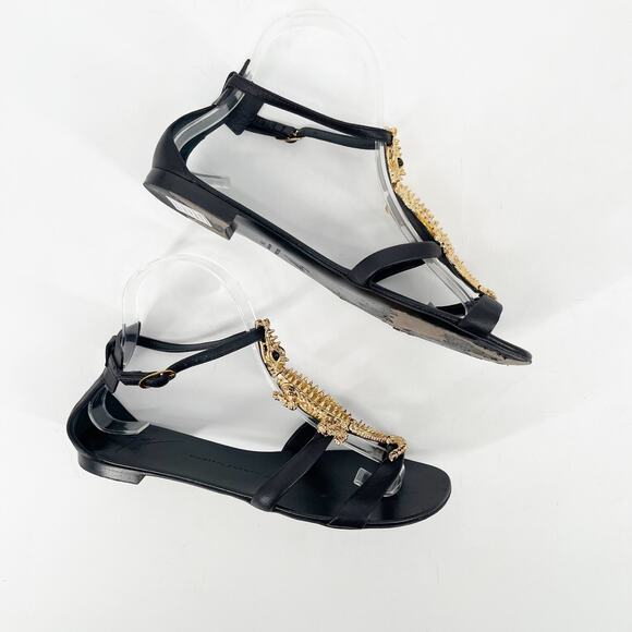 Giuseppe Zanotti Black Leather Gold Crocodile Embellished Flat Sandals IT 37.5 - Picture 4 of 13